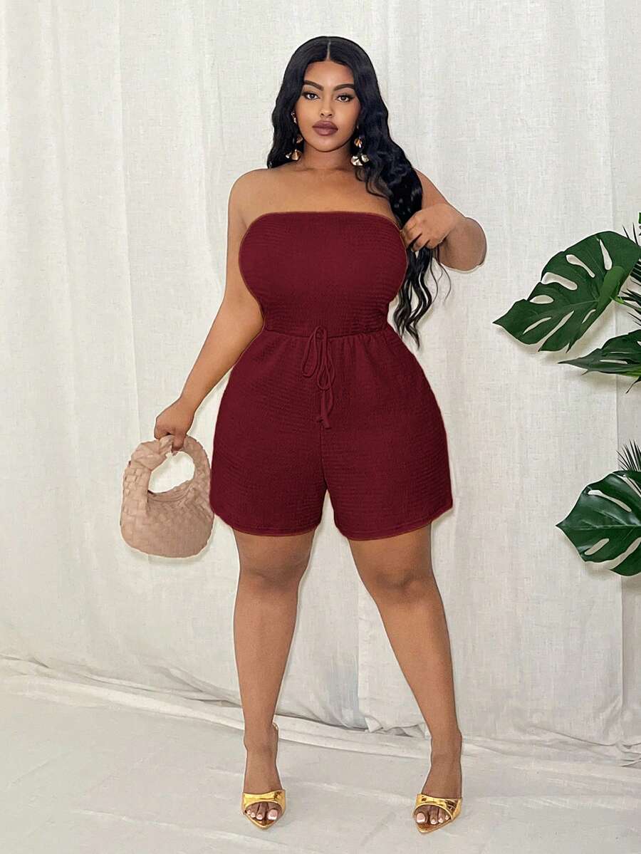 Slaydiva Plus Size Women's Casual Vacation Daily Fitted Solid Red Tube Decorative Rope Knit Texture Romper