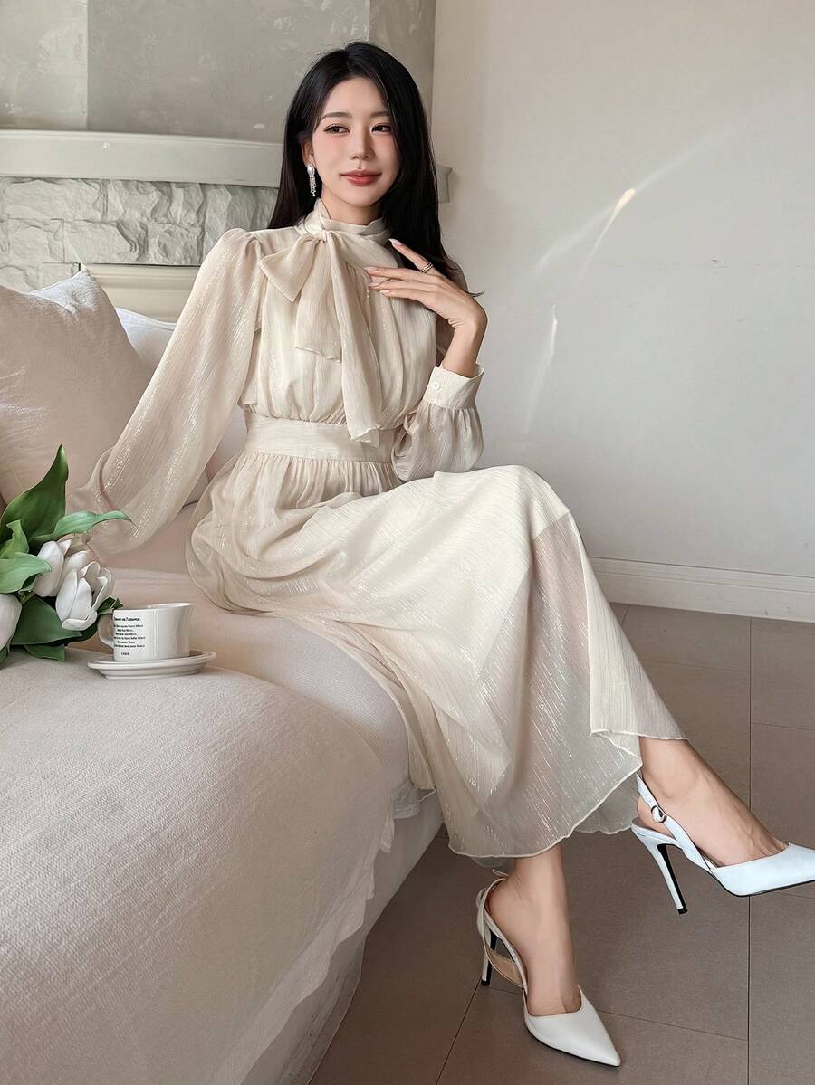 DAZY Women's Elegant Solid Color Tie Collar Puff Sleeve Mid-Length Dress, Autumn/Winter - Apricot - View 1