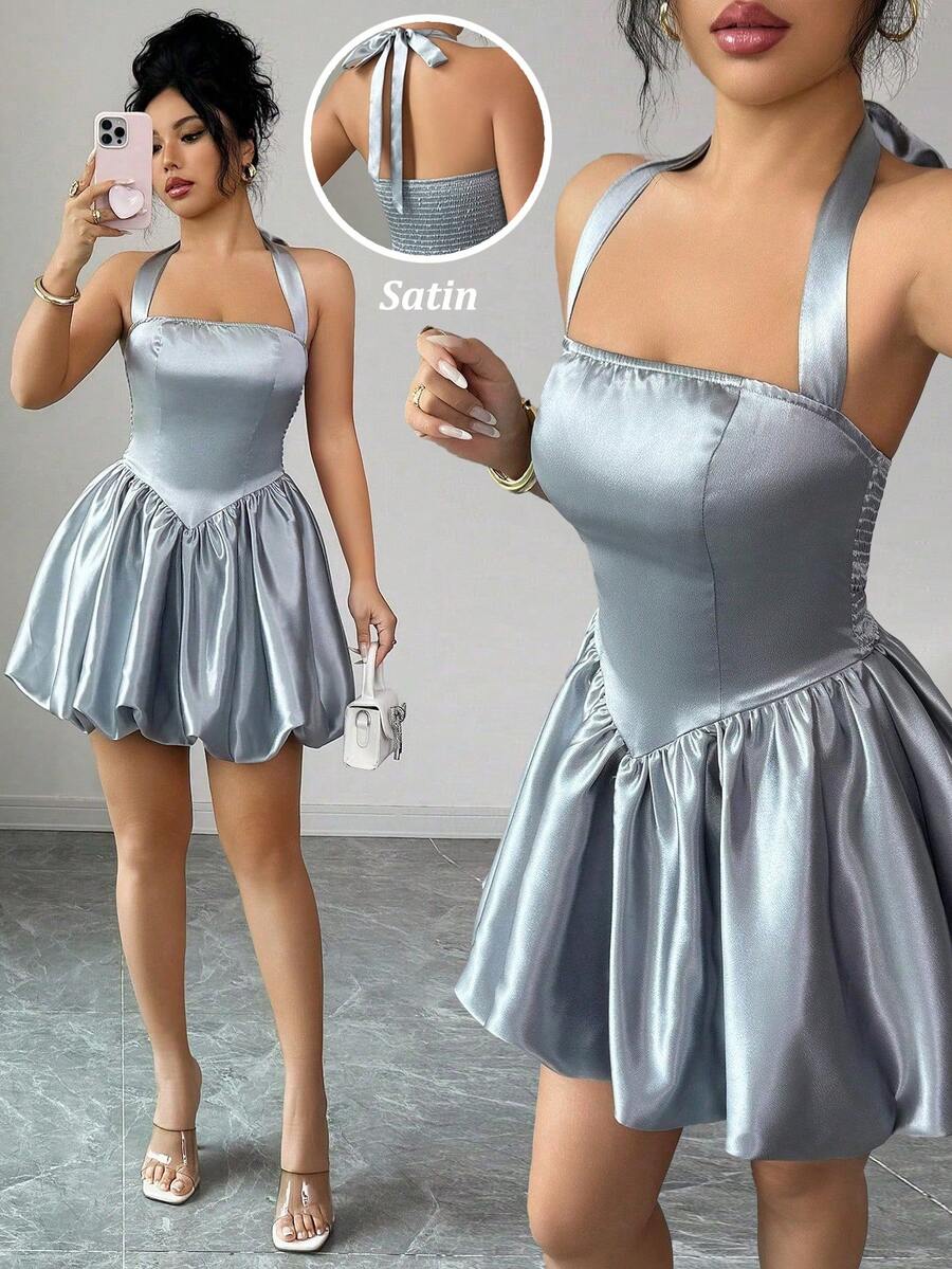 Selianne 优雅褶皱腰身无肩带珍珠缎面鸡尾酒礼服（女士款） - 銀色 - 查看 1