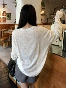DAZY Women's Polka Dot Print Round Neck Casual Versatile Long Sleeve T-Shirt - White - View 6