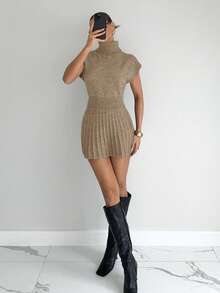 Siren Gaze Conjunto de 2 piezas de top de punto de cuello alto + falda midi de mezcla de punto para mujer, nueva colección de otoño/invierno