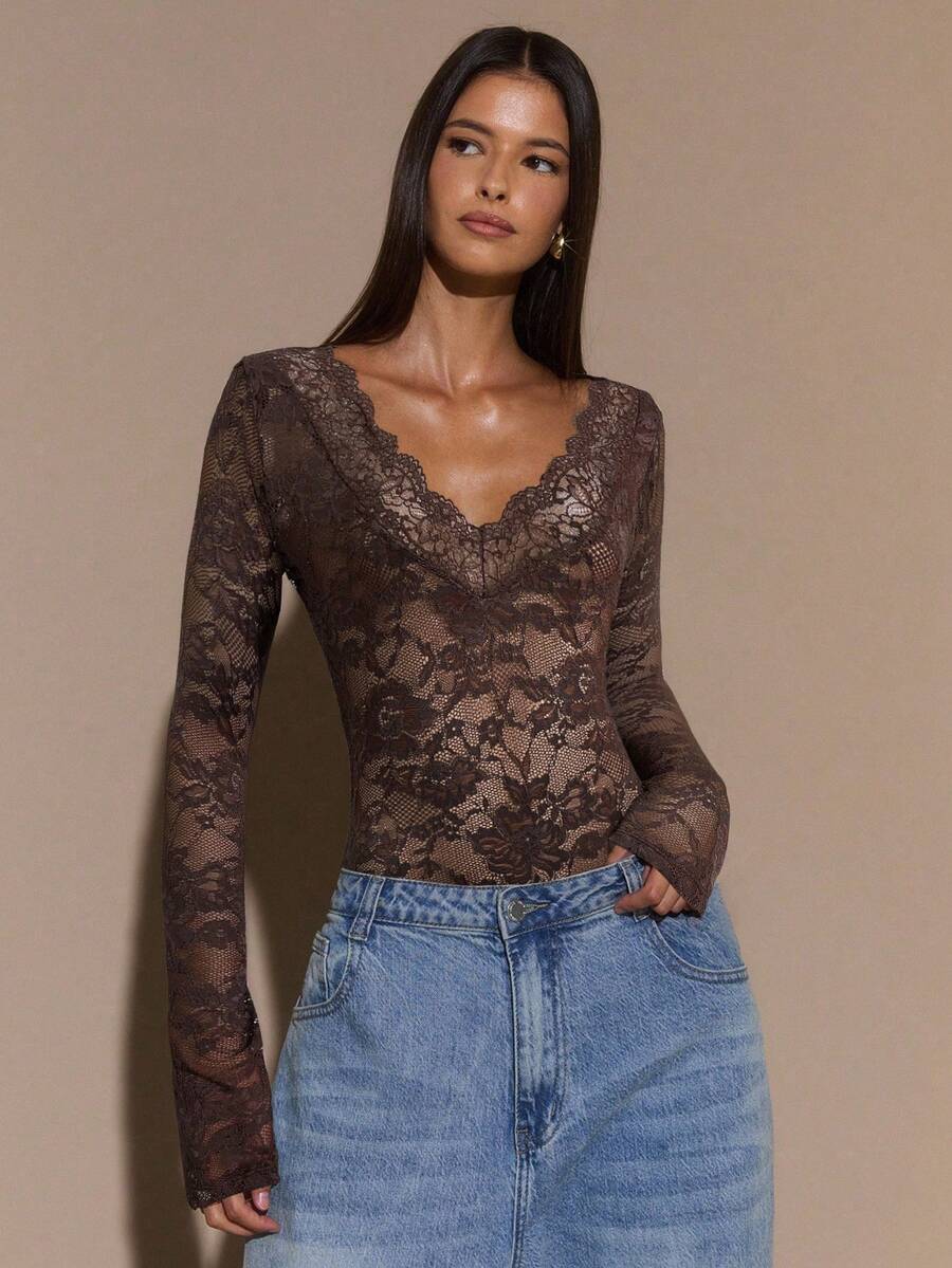 SHEIN BAE Áo dài tay màu đen cho nữ, cổ chữ V sâu gợi cảm, tay loe ren, kiểu dáng tối giản thanh lịch, lãng mạn, thích hợp mặc nhiều lớp, hẹn hò lãng mạn, tiệc tùng vào mùa thu/đông - Cà phê nâu - Xem 1