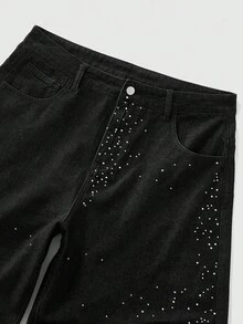 ROMWE MEN Street Life Men's Rhinestone Embellished Pocket Wide Leg Loose Casual Jeans - Black - View 3