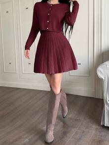 Feyla 2 piezas Conjunto de vestido y cárdigan de punto oversize para mujer, traje de vestido de suéter de otoño/invierno - Burdeos - Ver 3