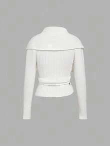 SHEIN MOD 秋冬女士优雅纯色长袖交叉毛衣 - 杏色 - 查看 2