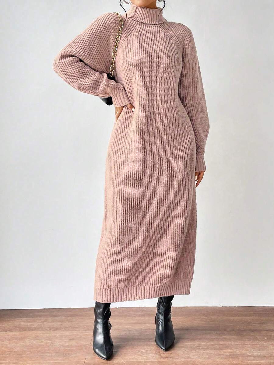 SHEIN Clasi Gaun Rajut Panjang Kerah Tinggi Warna Polos Kasual, Musim Gugur/Musim Dingin - Dusty Pink - View 1