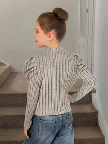 SHEIN 2pcs/Set Tween Girl Slim Fit Casual Mock Neck Raglan Sleeve Ribbed T-Shirts, Girls Ribbed Set, Girls Long Sleeve Tops, Solid Color Tops Tween Girl - Brown - View 6