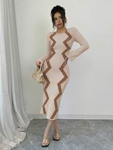 Elenzga 女士喇叭袖毛衣连衣裙 - 卡其色 - 查看 5