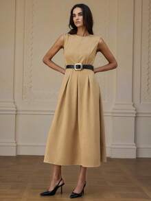 GENKIRA Suede Fabric Autumn/Winter , PU Leather Belt Waist Decor, Commuting Design Sense, Minimalist Fashionable Elegant Versatile Long Dress - Khaki - View 3