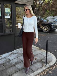 Elyressa Conjunto de suéter de unicolor y pantalones de pierna ancha con textura de cuerda retorcida para mujer, cómodo y casual, adecuado para otoño/invierno - Marrón - Ver 6