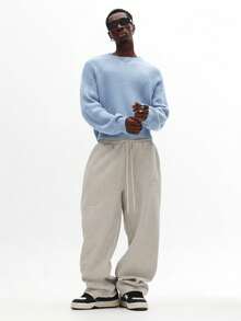 SUMWON Ribbed Knit Cropped Sweater With Round Neckline Long Sleeves Fitted Silhouette Textured Jumper Fall Winter Layering Essential - Blue - View 4