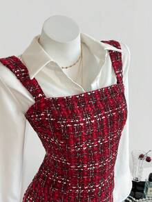 Elamini 女士红色紧身背心和迷你裙两件套，优雅奢华派对礼服，可定制，甜美风格，适合外出、约会、婚礼、派对、迷人假日时尚、秋冬季、圣诞节、情人节 - 紅色 - 查看 4