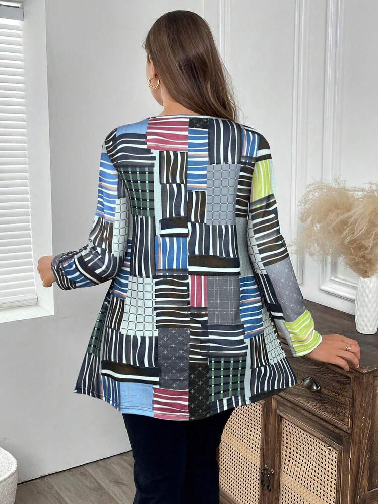 Plus Size Fall Curve Thanksgiving Women Women Casual Long Sleeve Striped Round Neck T-Shirt, Spring And Autumn Women Long Sleeve Church Top New Year Christmas