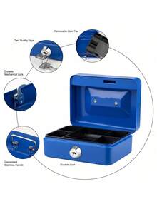 1pc Locking Medium Steel Cash Box With Money Tray,Lock Box(Key Color Random) - Blue - View 3