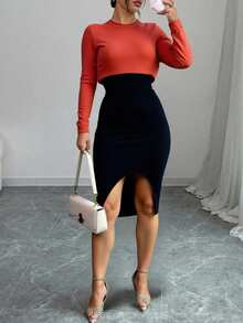Vestido de punto de dos tonos con abertura en pierna, manga larga y ajuste favorecedor, ideal para oficina o evento casual. Midi - Cobre - Ver 2