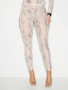 KIZN 女士透视蛇纹高腰全长打底裤，采用动物纹印花和半透明面料，适合叠穿和时尚造型 - 彩色 - 查看 1