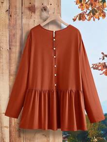 Rusticease Plus Size Women Rust Orange Autumn Long Sleeve Button Back Top,Smart Casual Everyday Solid Color T-Shirt,Wedding Ninang Comfortable Breathable 2025 - Brown - View 2