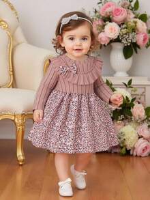 Souflis Souflis Infant/Baby Girl Knitted Round Neck Floral Ruffle Hem Dress, Lotus Root Pink