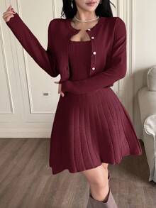 Feyla 2 piezas Conjunto de vestido y cárdigan de punto oversize para mujer, traje de vestido de suéter de otoño/invierno - Burdeos - Ver 5