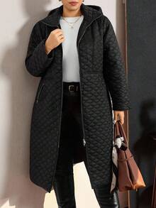 Zelara 大码女式纯色长袖拉链前长款休闲连帽冬季夹克 - 黑色 - 查看 5