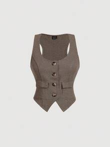 SHEIN MOD 复古格纹U领前开襟纽扣口袋休闲西装背心外套，秋冬季款