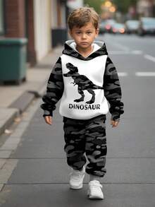 DINO、DINOSAURS、儿童精选系列、日常基本款、快乐的孩子、适合孩子的柔和色彩、Bikercore、家庭旅行、快乐的日子、我爱妈妈，我爱爸爸，可爱的家、酷酷的孩子、年轻男孩宽松休闲舒适长袖连帽衫套装，适合秋冬季 - 彩色 - 查看 2
