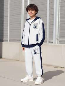 2pcs/Set Boys' Vacaura Outfit, Fashion Textured Letter Hoodie Jacket And Casual Drawstring Pants, Suitable For Spring, Autumn And Winter
