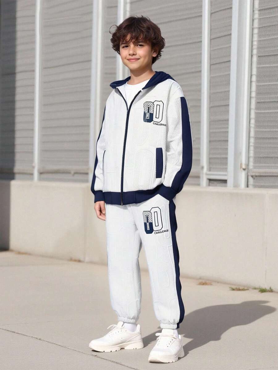 2pcs/Set Boys' Vacaura Outfit, Fashion Textured Letter Hoodie Jacket And Casual Drawstring Pants, Suitable For Spring, Autumn And Winter