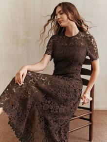 Anewsta Elegant Lace Patchwork Splice Coffee Short Sleeve Ruffle Splice Dress