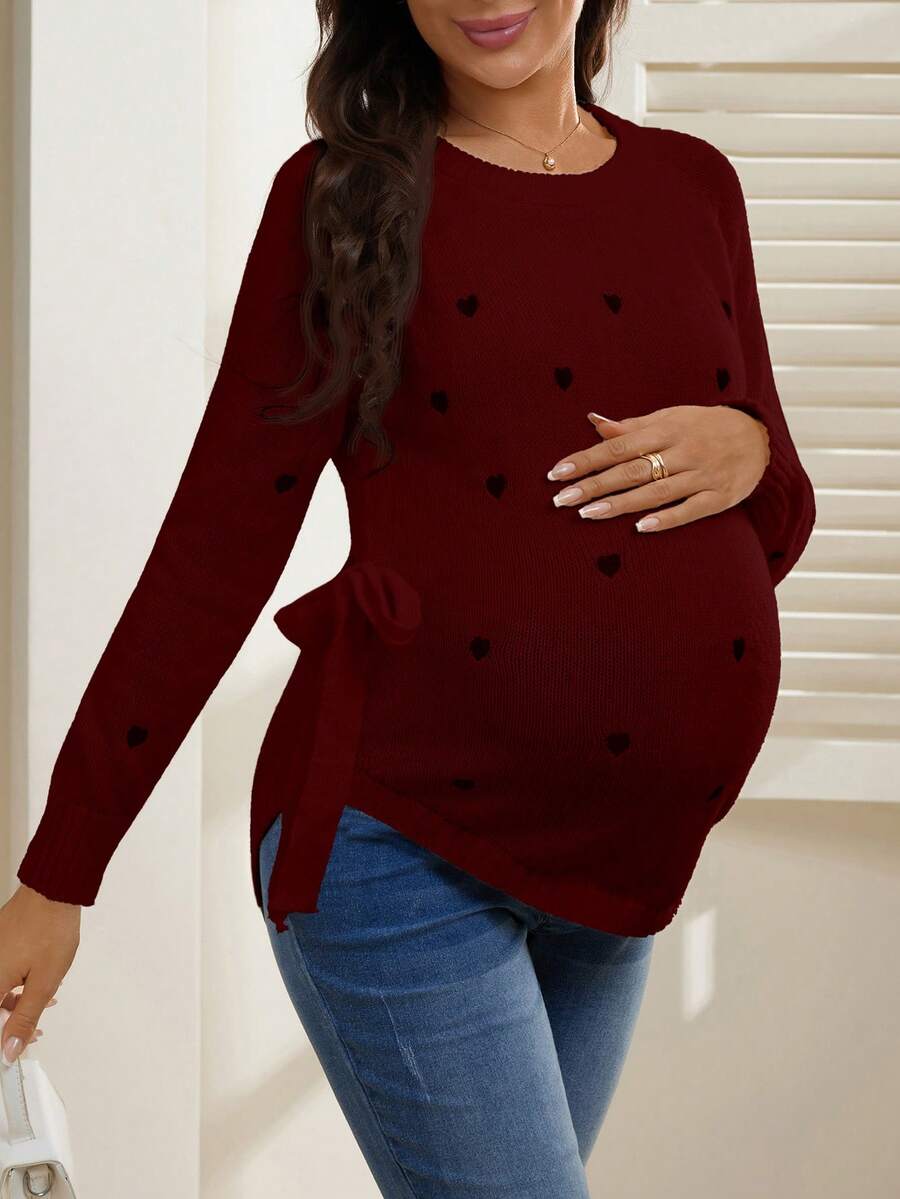 SHEIN Sweater Pinggang Motif Hati Kasual Modis untuk Wanita Hamil, Musim Gugur/Dingin - Burgundy - View 1