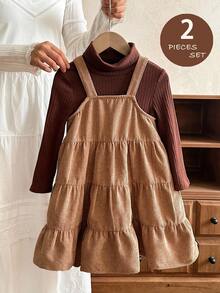 LMoss Kids 2pcs Young Girl Knitted Polo Neck T-Shirt And Corduroy Suspender Dress Set,Toddler Ruffle Jumper,Autumn Family Matching Cozy Winter Clothes - Multicolor - View 3