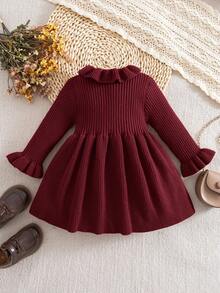 Emery Rose Kids Emery Rose Kids Babygirl Cute Solid Color Knitted Long Sleeve Dress, Autumn/Winter