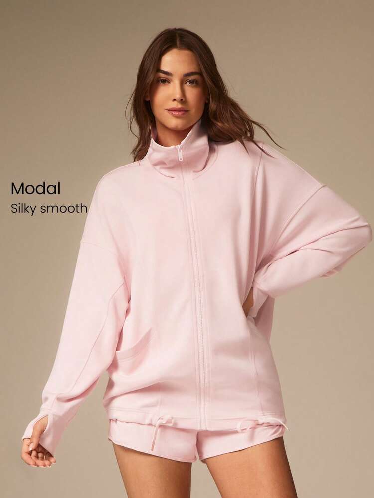 SoftCalm Modal Chill Days Oversized Silky Smooth Breathable Wide Collar Drawstring Hem Zip-Up Jacket Daily Casual Wear