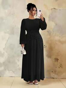 Roveilla Plus Size Women's Spring/Summer French Romantic Sicily Elegant Casual Commute Vacation Christmas Party Solid Brown Round Neck Ruched Waist Drawstring A-Line Elastic Waist Long Sleeve Maxi Dress Dress Modest Long Sleeve Formal Dress Black Church Dress Black Long Dress Elegant Black Maternity Dress