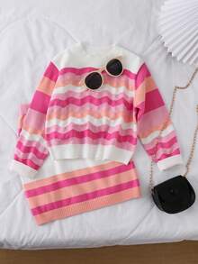 2pcs/Set Girls Sweater Co-Ord Set, Pink Rainbow Striped Knitted Sweater And Skirt, Comfortable For Autumn/Winter Wear, Suitable For School, Daily, Party, Versatile And High Value Long Sleeve Dress For Kids Kids Sweaters For Girls Jumper For Girls Girl Clothes Autumn And Winter Clothes Autumn And Winter Young Girls Drease - Pink - View 7