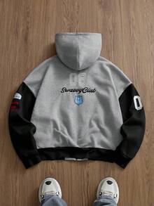 SWAVVY 男士时尚印花拼接卫衣，秋冬夹克连帽衫摩托车连帽衫赛车连帽衫男士连帽衫男士街头风拉链衫 - 淺灰色 - 查看 2