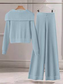 Franclia 2 件套女士休闲纯色针织毛衣套装，有领纽扣开衫和前蝴蝶结口袋针织裤 - 藍色 - 查看 2