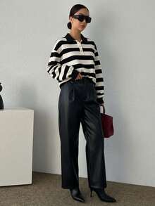 DAZY 女士条纹落肩长袖 Polo 领休闲宽松套头卫衣