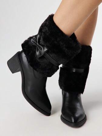 Kawaii Fashionable Versatile Commuter Bow Decor Chunky High Heel Mid-Calf Boots