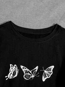 Camiseta con estampado de mariposa de cuello redondo - Negro - Ver 5