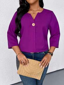 EMERY ROSE Plus Size Casual V-Neck Short Sleeve Women Blouse, Elegant Shirt - Purple - View 5