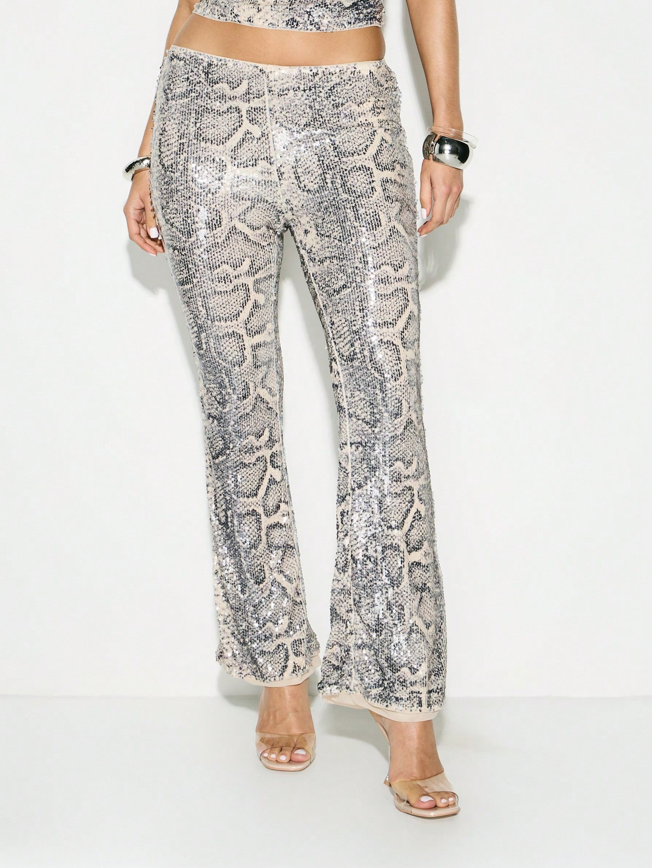 KIZN Sequin Snake Print Flare Leg Trousers