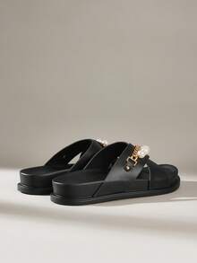 Solecia Women's Fashionable Light Pink Flat Birkenstocks Sandals Summer Shoes - Black - View 5