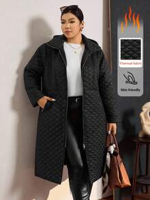 Zelara 大码女式纯色长袖拉链前长款休闲连帽冬季夹克 - 黑色 - 查看 13