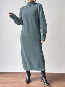 SHEIN Clasi 女式纯色高领长袖休闲针织毛衣裙，秋冬 - 藍色 - 查看 3