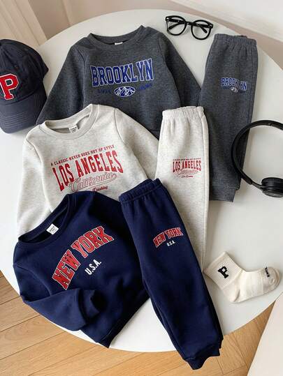 SHEIN 6pcs/Set Baby Boys Thermal Lined Fashion Letter Print Crew Neck Sweatshirt And Jogger Pants Outfit Set, Comfortable Casual Everyday Wear, Suitable For Indoor, Outdoor, Sports, Party Festival, Streetwear, Tracksuit, Christmas, New Year, Autumn/Winter Baby Boys Outfit Boy Sweatsuit Baby Boy Clothes Baby Boy Sweatpants Set