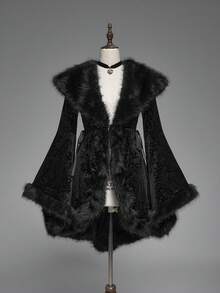 ROMWE Gothic Vintage Patchwork Faux Fur Collar Paisley Velvet Embossed Flare Sleeve Regular Jacket - Black - View 6