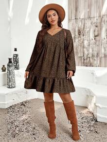 SHEIN LUNE 大码女式豹纹V领灯笼袖荷叶边下摆休闲连衣裙 - 棕色 - 查看 4