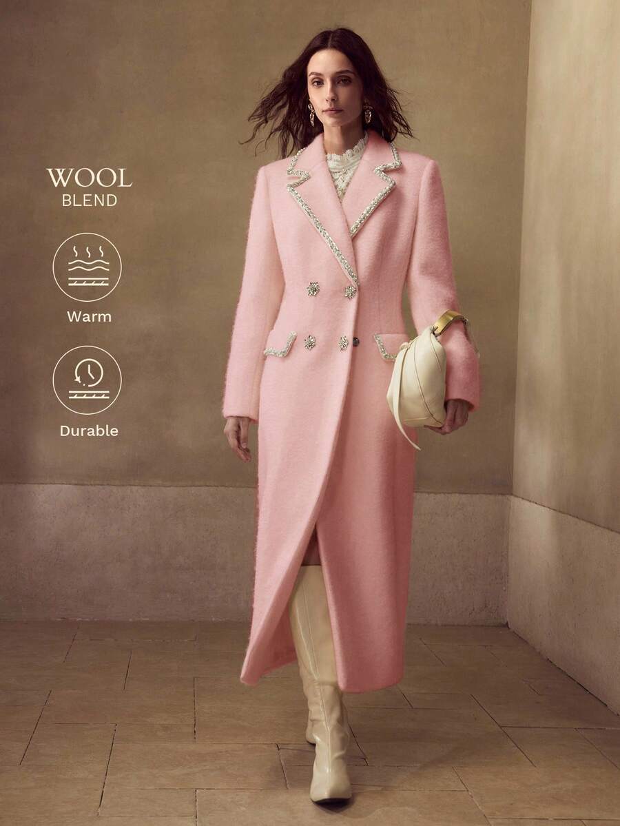 MOTF PREMIUM 女士羊毛镶钻双排扣大衣 - 粉色 - 查看 1