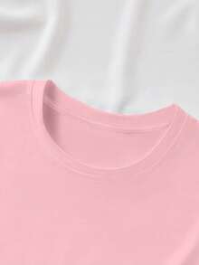 EMERY ROSE Kaos Wanita Lengan Pendek Kasual Motif Hati & Bunga Kerah Bulat, Serbaguna untuk Musim Panas - Baby Pink - View 3